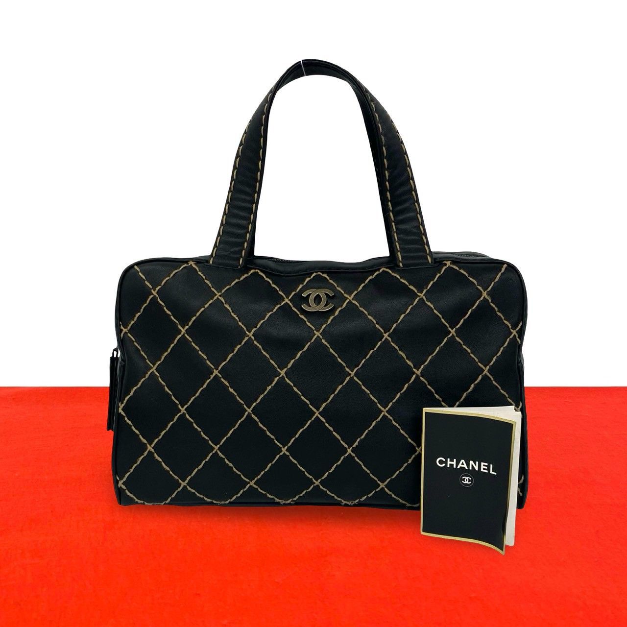 Chanel CC Logo Wild Stitch Lambskin Mini Boston Bag Black