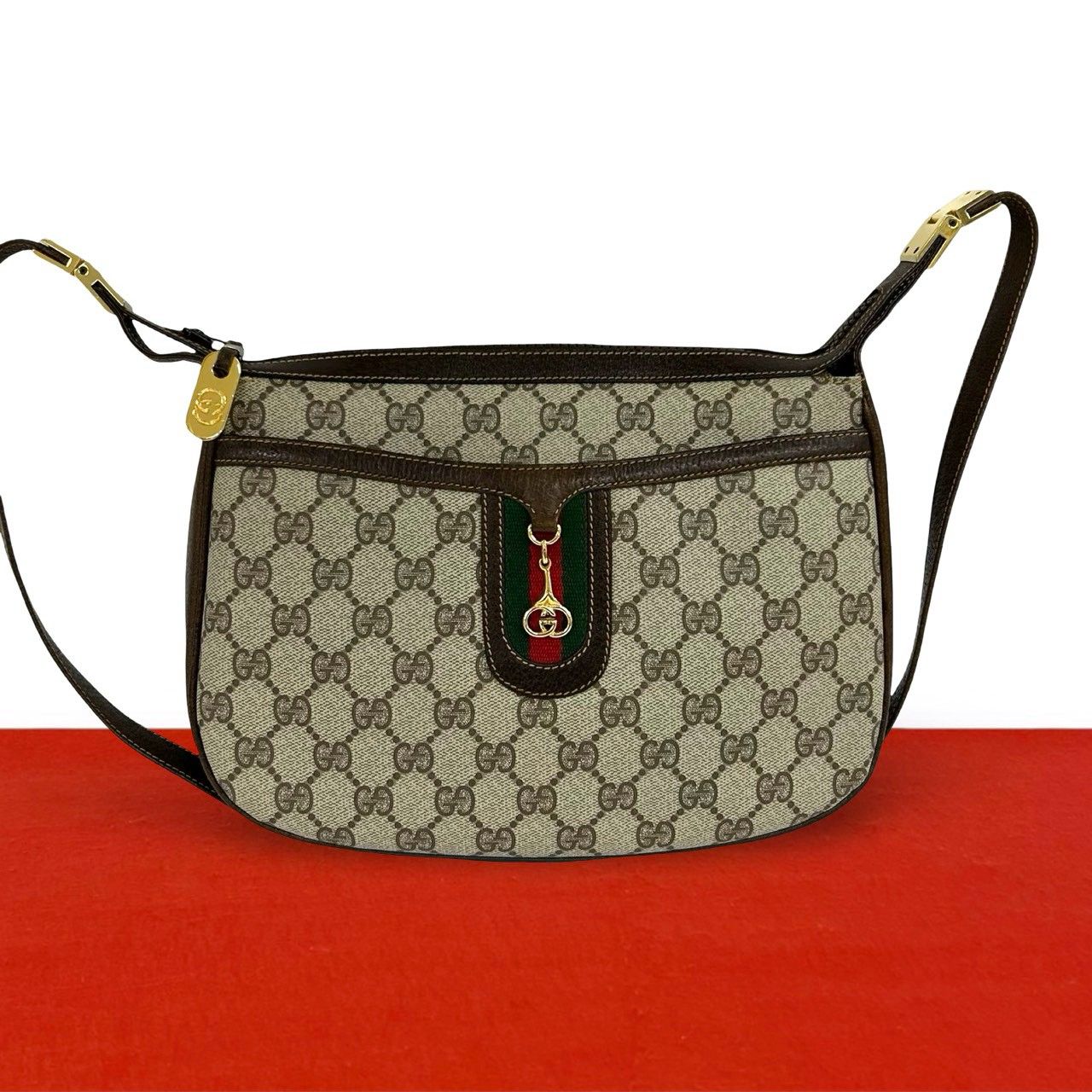 Gucci Vintage Sherry Line GG Pattern Logo Leather Shoulder Bag Brown Green