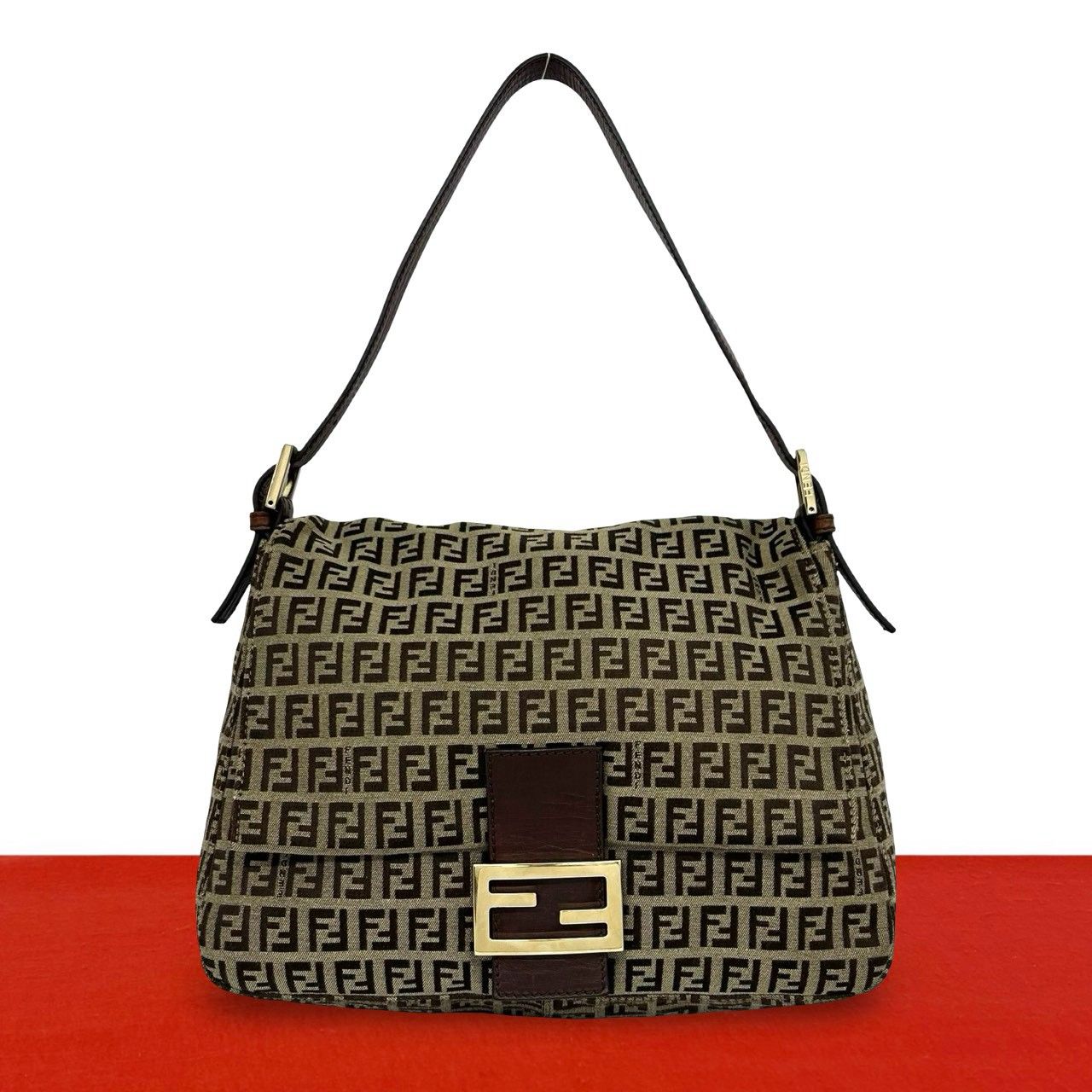 Fendi Mamma Bucket Zucchino FF Pattern Logo Canvas Leather Shoulder Bag Brown