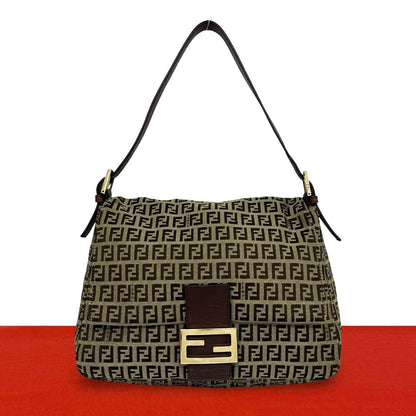 Fendi Mamma Bucket Zucchino FF Pattern Logo Canvas Leather Shoulder Bag Brown