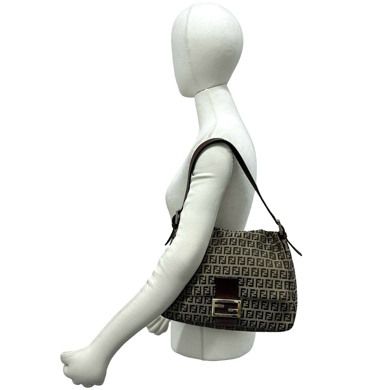 Fendi Mamma Bucket Zucchino FF Pattern Logo Canvas Leather Shoulder Bag Brown — view 2