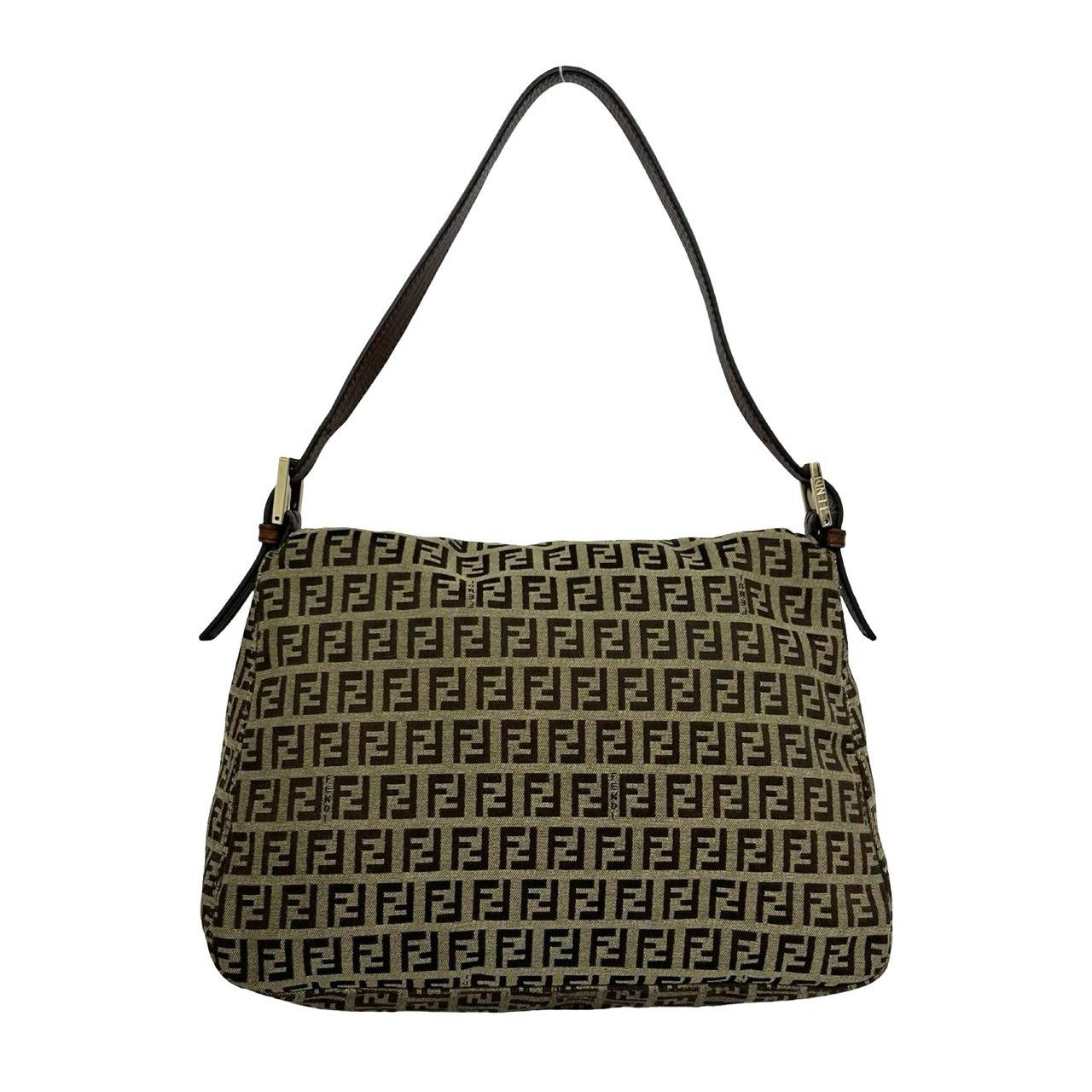 Fendi Mamma Bucket Zucchino FF Pattern Logo Canvas Leather Shoulder Bag Brown — view 3