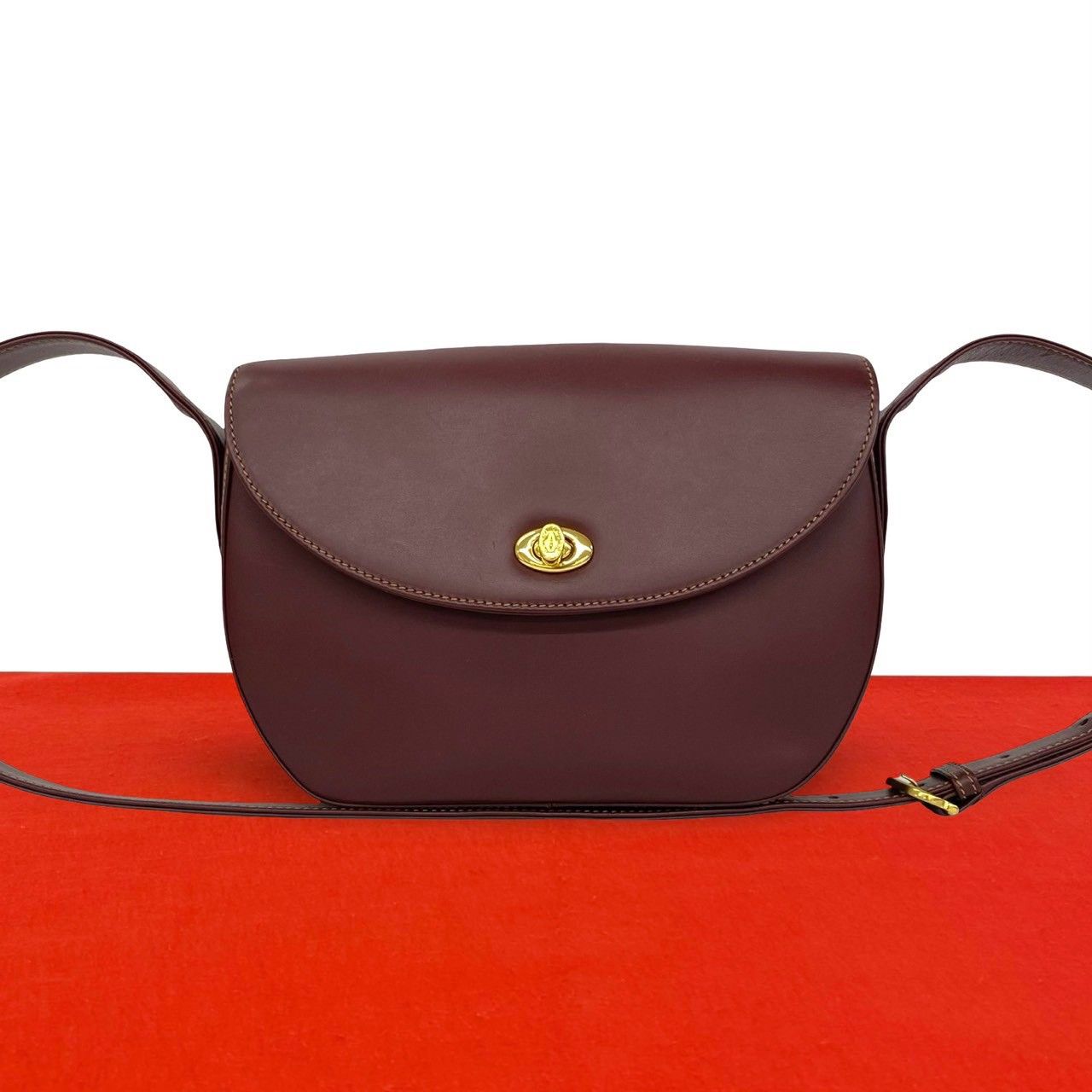 Cartier Vintage Must Line Leather Shoulder Bag Pochette Wine Red Bordeaux