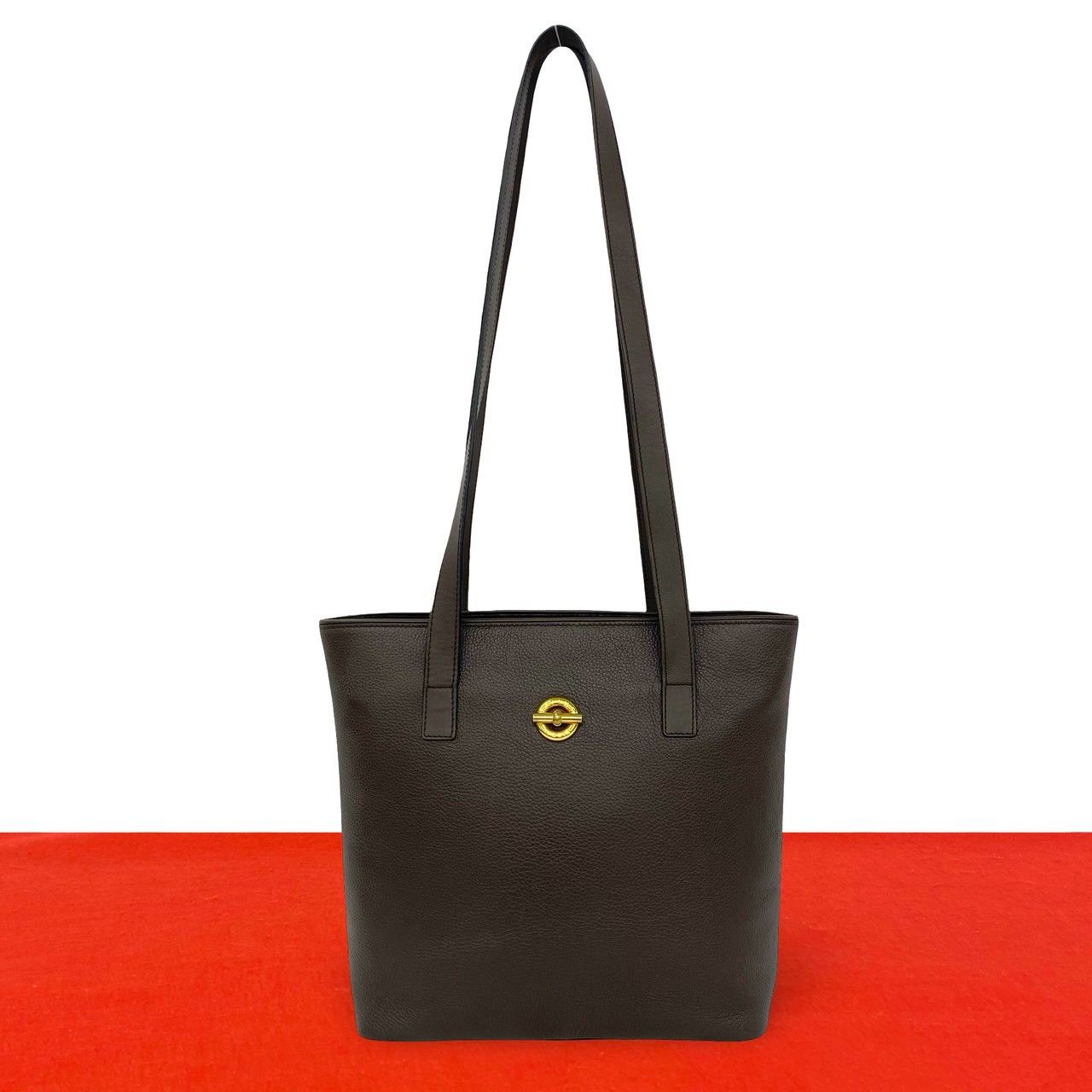 Celine Circle Logo Leather Tote Shoulder Bag Brown