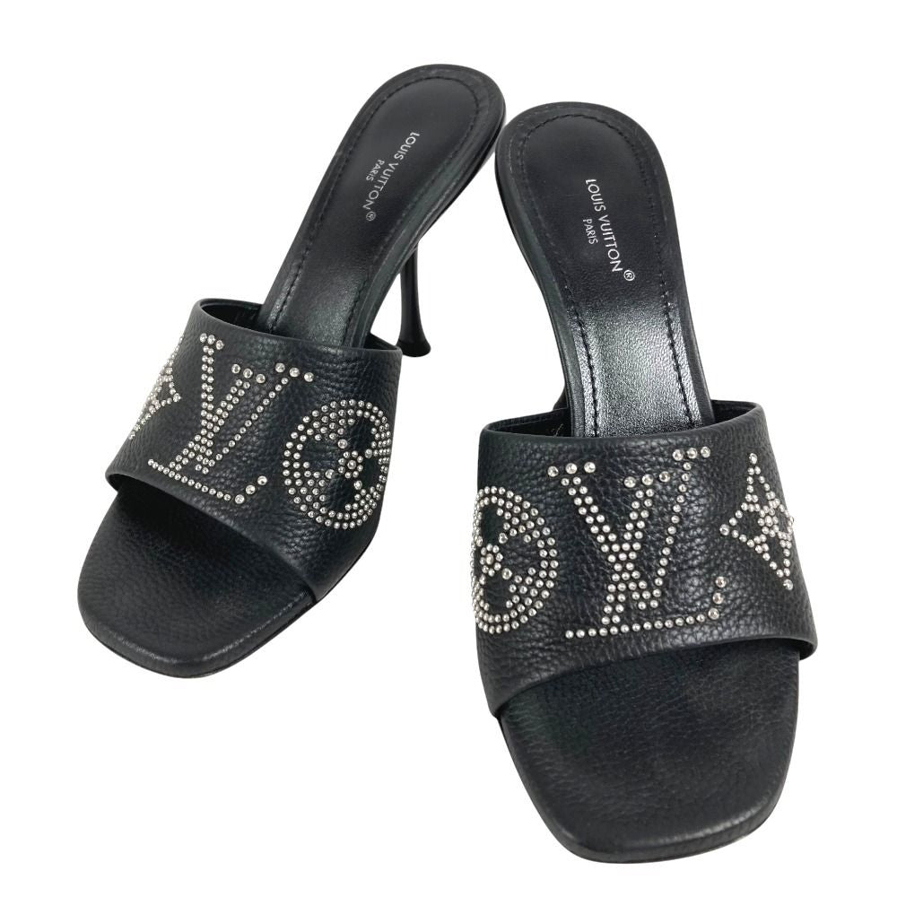 Louis Vuitton Mules Studs LV Logo Not Clear Leather Black