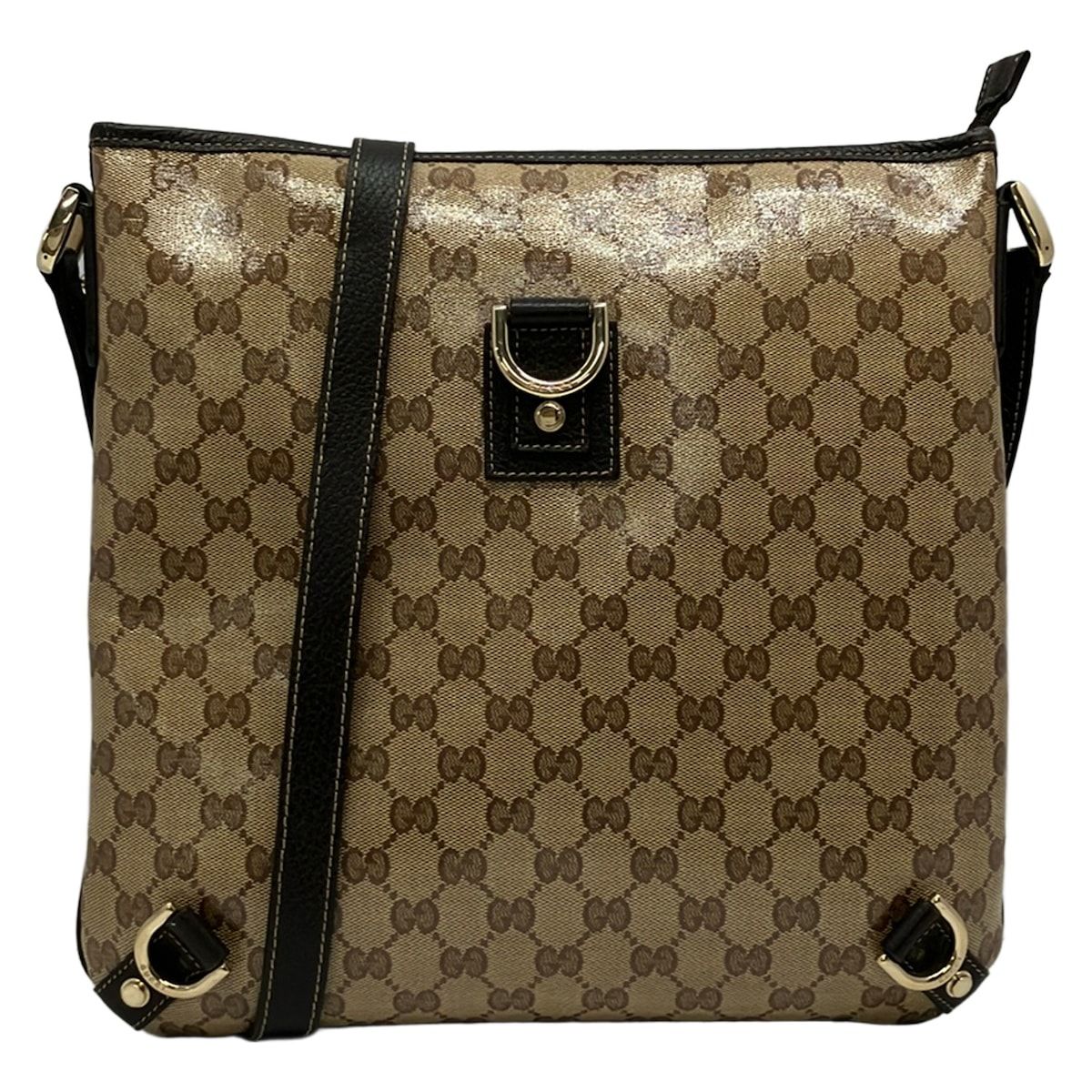Gucci Shoulder Bag Abbey Crystal GG Brown Beige Dark Leather
