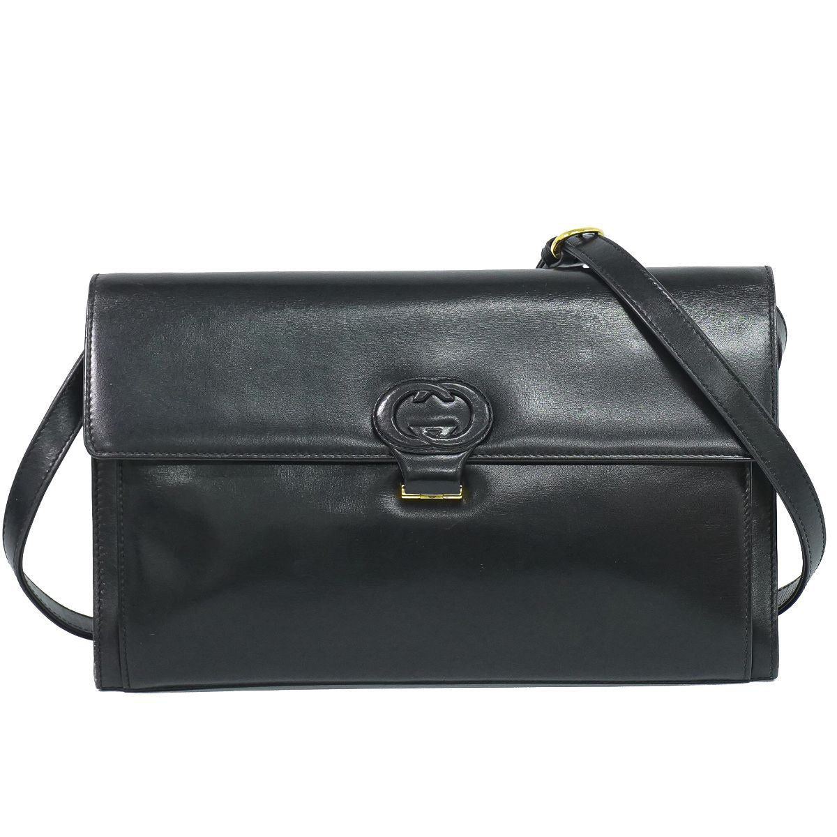 Gucci Vintage Interlocking 2-Way Shoulder Bag Clutch Pochette Leather Black