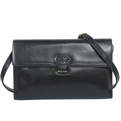 Gucci Vintage Interlocking 2-Way Shoulder Bag Clutch Pochette Leather Black