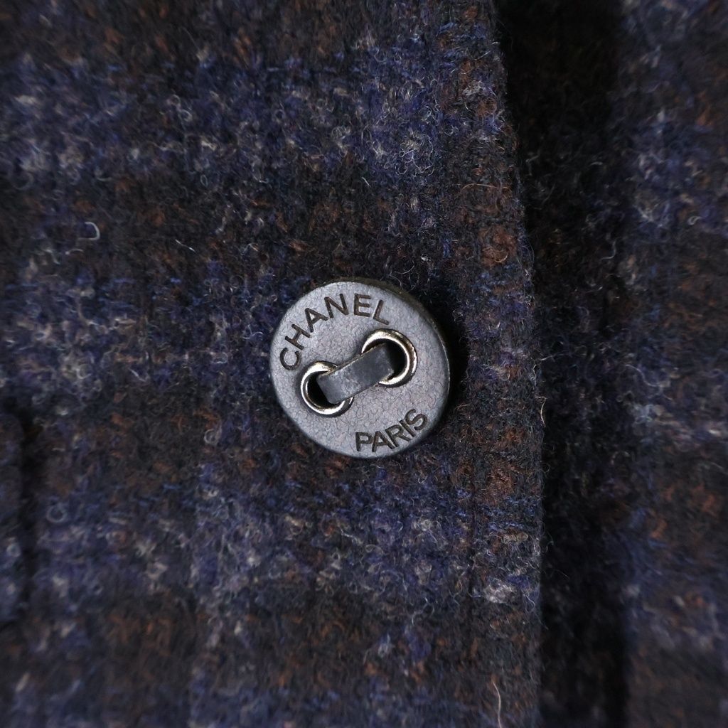 Chanel Check Wool Tweed Set Block Set Collarless Jacket Skirt Navy Brown — view 5