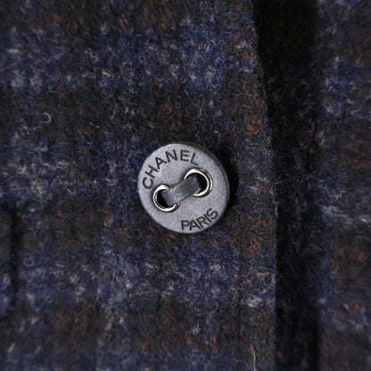 Chanel Check Wool Tweed Set Block Set Collarless Jacket Skirt Navy Brown — view 5