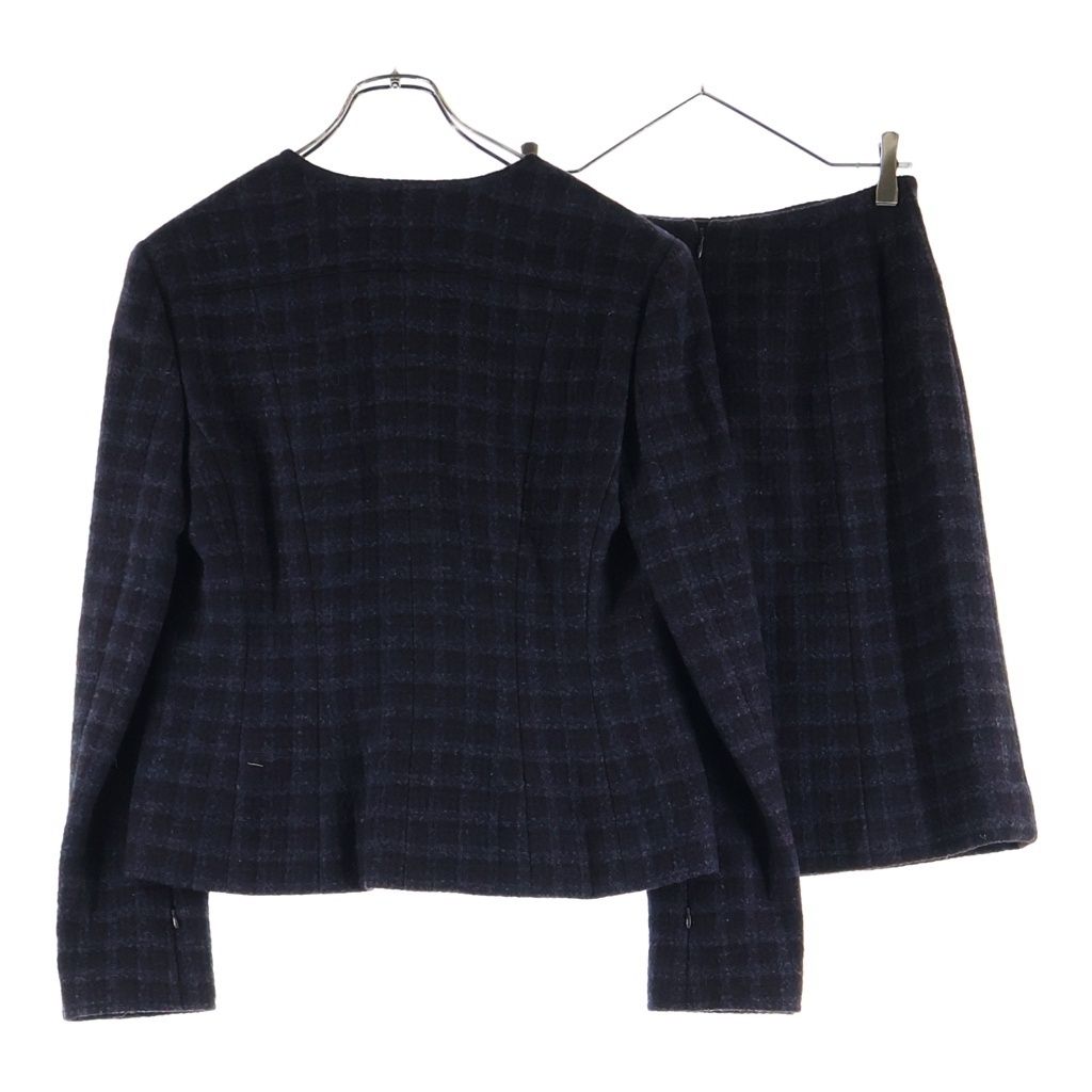 Chanel Check Wool Tweed Set Block Set Collarless Jacket Skirt Navy Brown — view 2