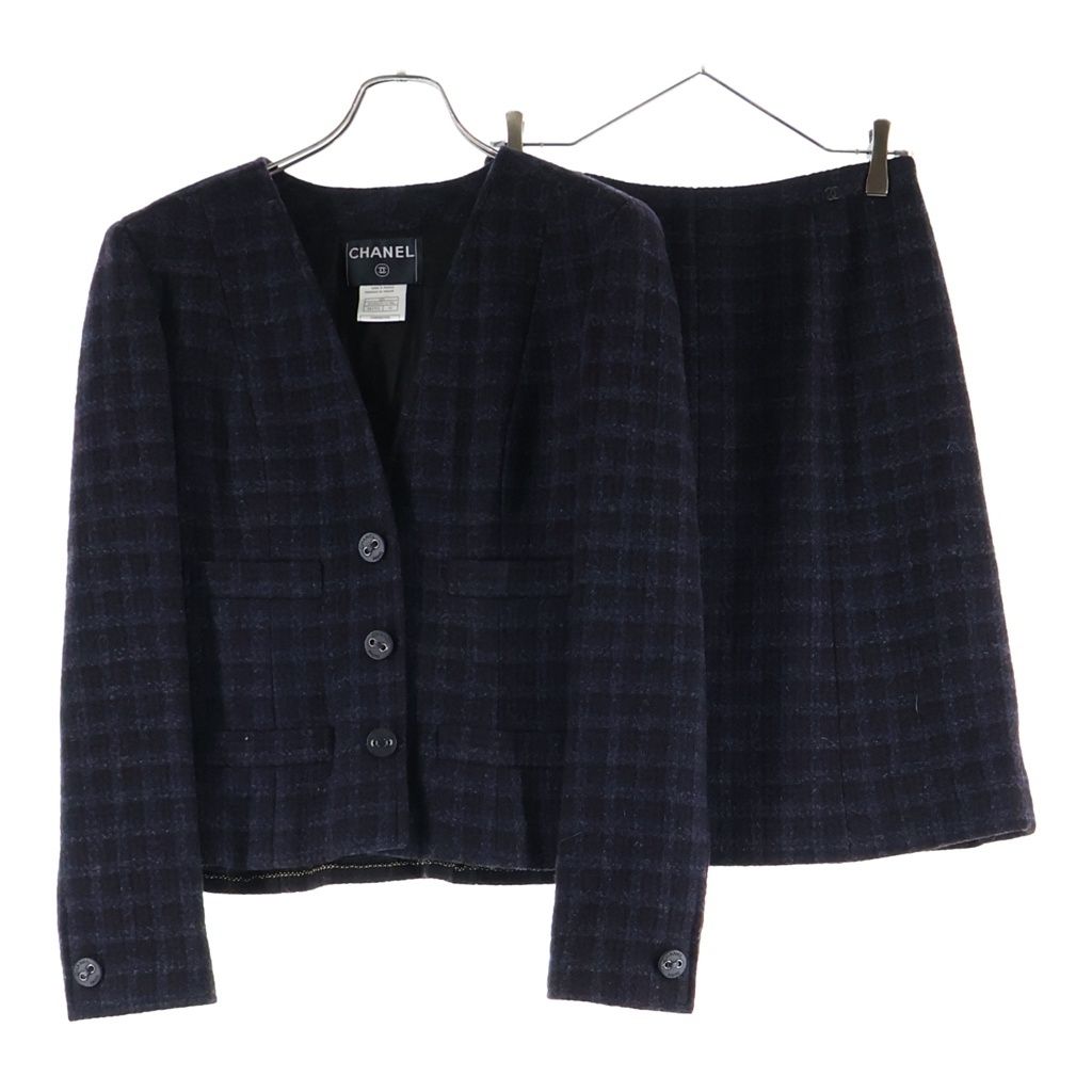 Chanel Check Wool Tweed Set Block Set Collarless Jacket Skirt Navy Brown
