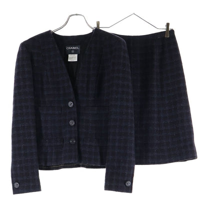 Chanel Check Wool Tweed Set Block Set Collarless Jacket Skirt Navy Brown