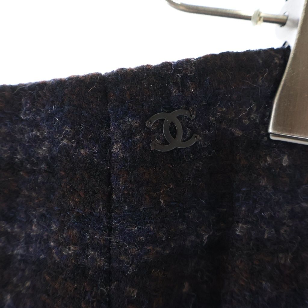 Chanel Check Wool Tweed Set Block Set Collarless Jacket Skirt Navy Brown — view 6