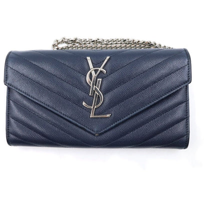 Saint Laurent Paris Cassandra Envelope Chain Wallet Leather Silver Navy