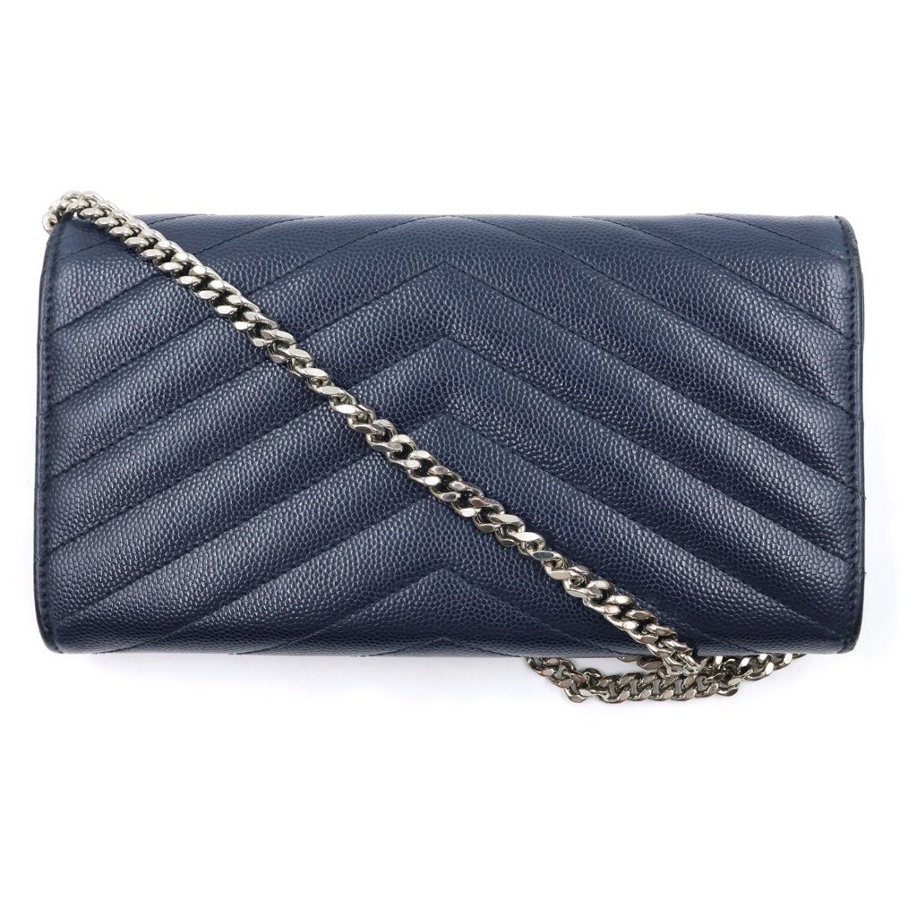 Saint Laurent Paris Cassandra Envelope Chain Wallet Leather Silver Navy — view 2