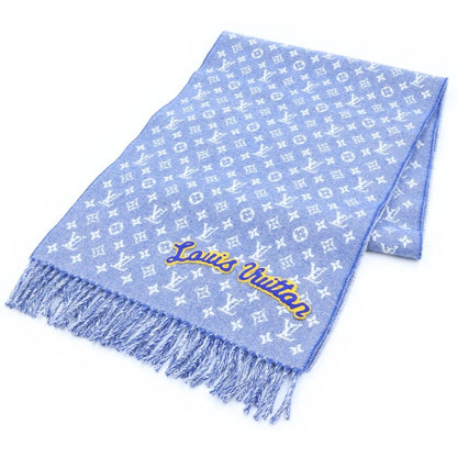 Louis Vuitton Echarpe Denim Embellished Monogram Patch Logo Fringe Wool Scarf