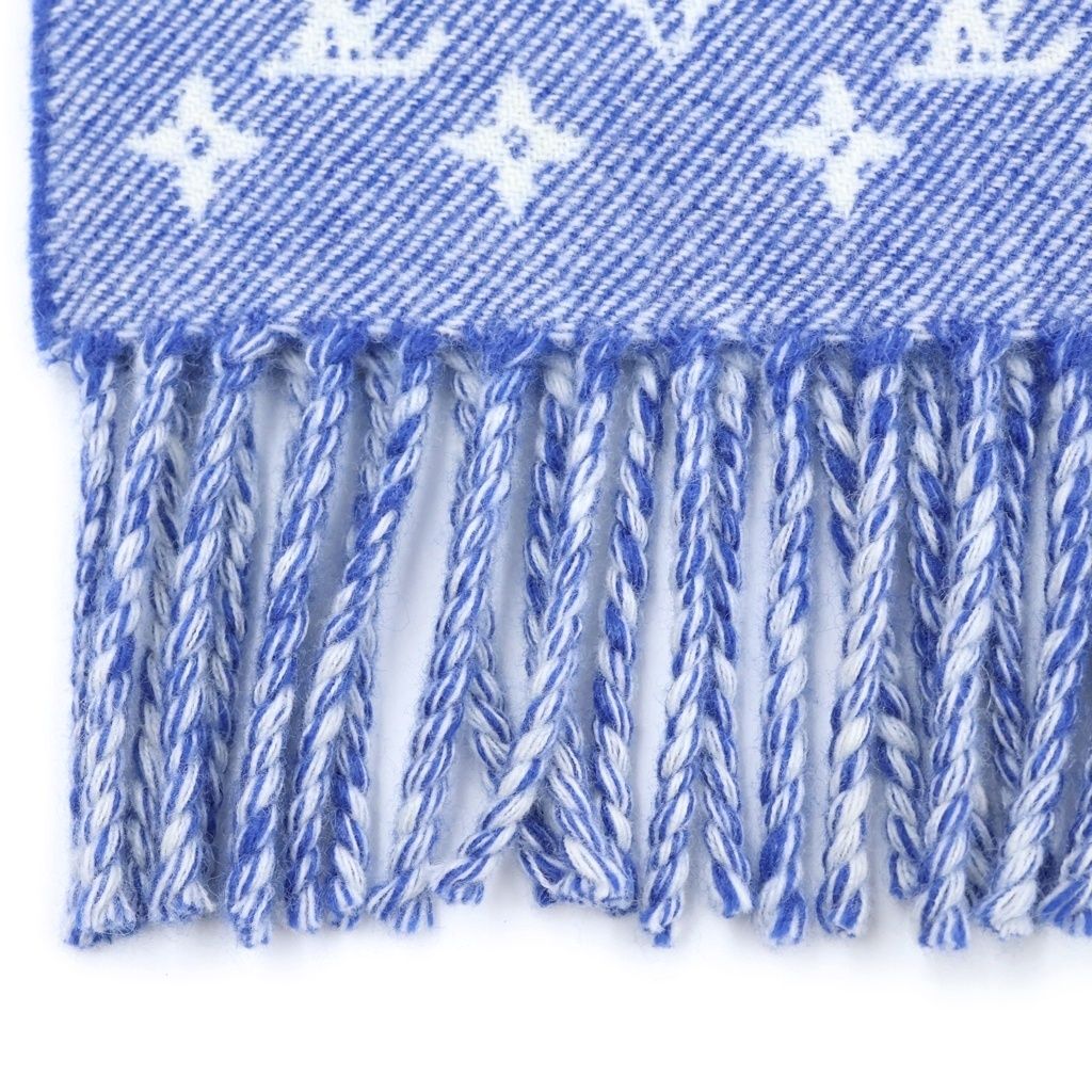 Louis Vuitton Echarpe Denim Embellished Monogram Patch Logo Fringe Wool Scarf — view 3