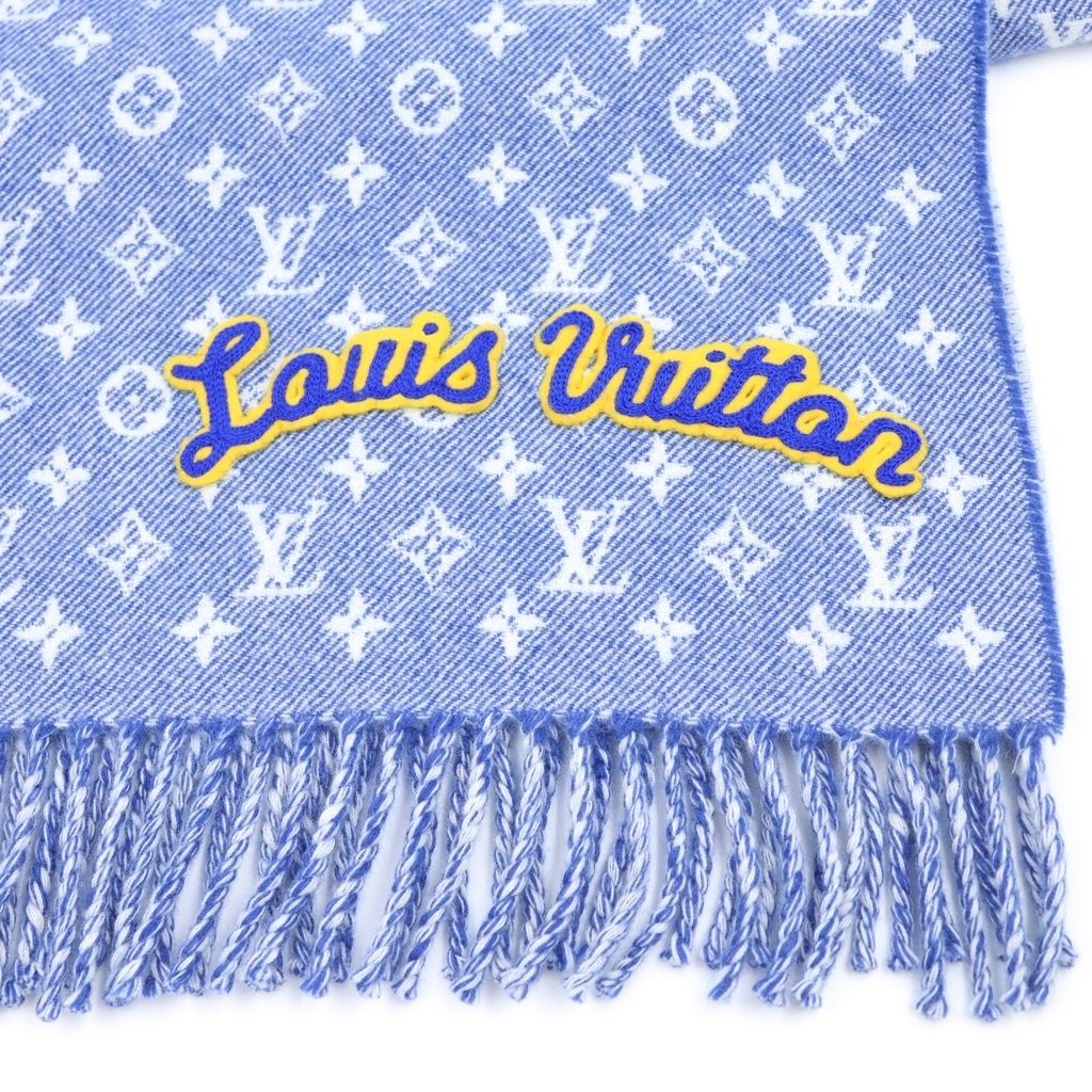 Louis Vuitton Echarpe Denim Embellished Monogram Patch Logo Fringe Wool Scarf — view 2