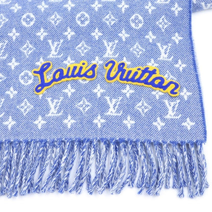 Louis Vuitton Echarpe Denim Embellished Monogram Patch Logo Fringe Wool Scarf — view 2