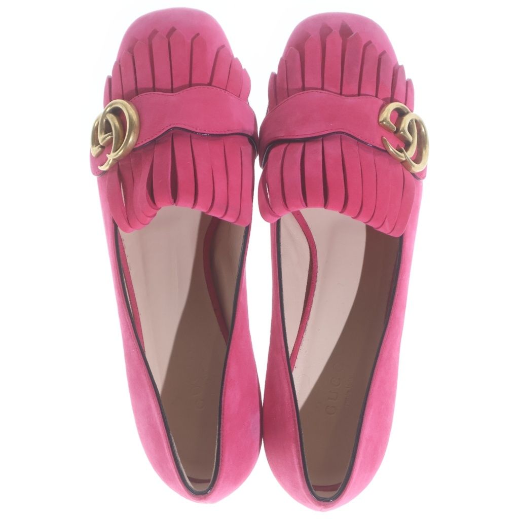 Gucci GG Marmont Fringe Loafers Tassel Loafers Heels Suede Pink — view 4