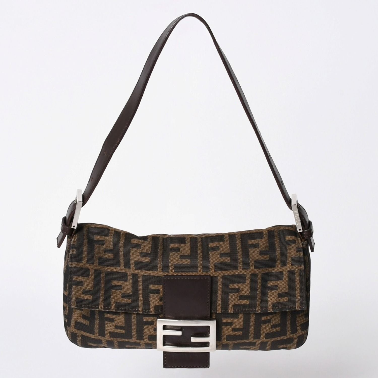 Fendi Shoulder Bag Cross Mamma Baguette Zucca Pattern Brown Silver