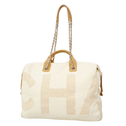 Chanel Handbag Deauville Canvas Ivory Beige Silver 2-Way Back