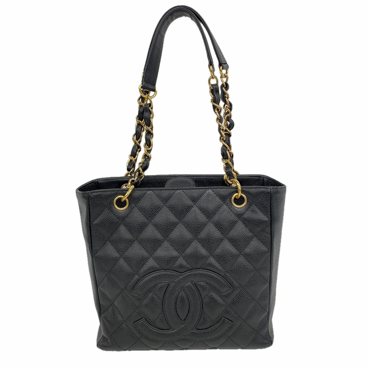 Chanel Chain Tote Bag Quilted Caviar Leather Black Gold