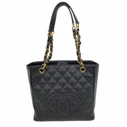 Chanel Chain Tote Bag Quilted Caviar Leather Black Gold