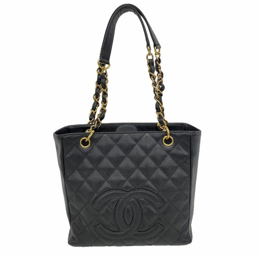 Chanel Chain Tote Bag Quilted Caviar Leather Black Gold