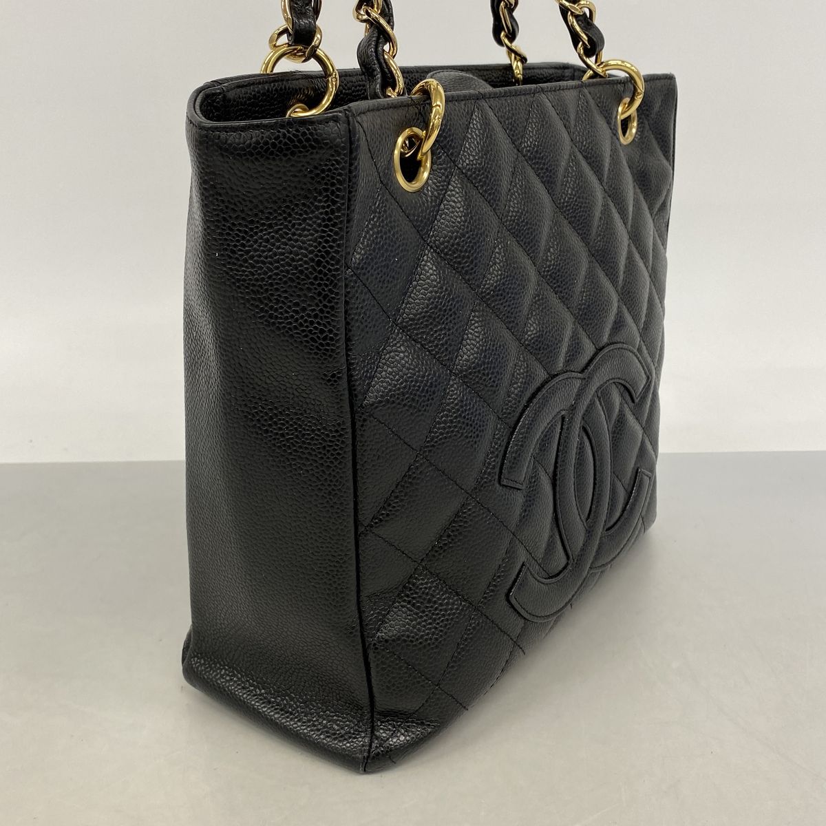 Chanel Chain Tote Bag Quilted Caviar Leather Black Gold — view 2