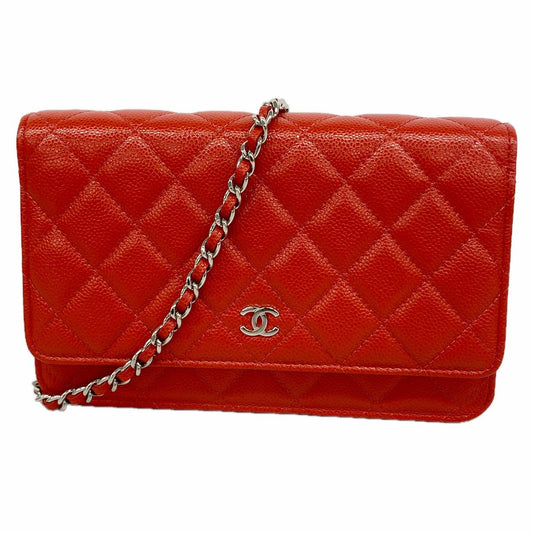 Chanel Wallet on Chain Quilted Caviar Leather Red Silver Shoulder Bag