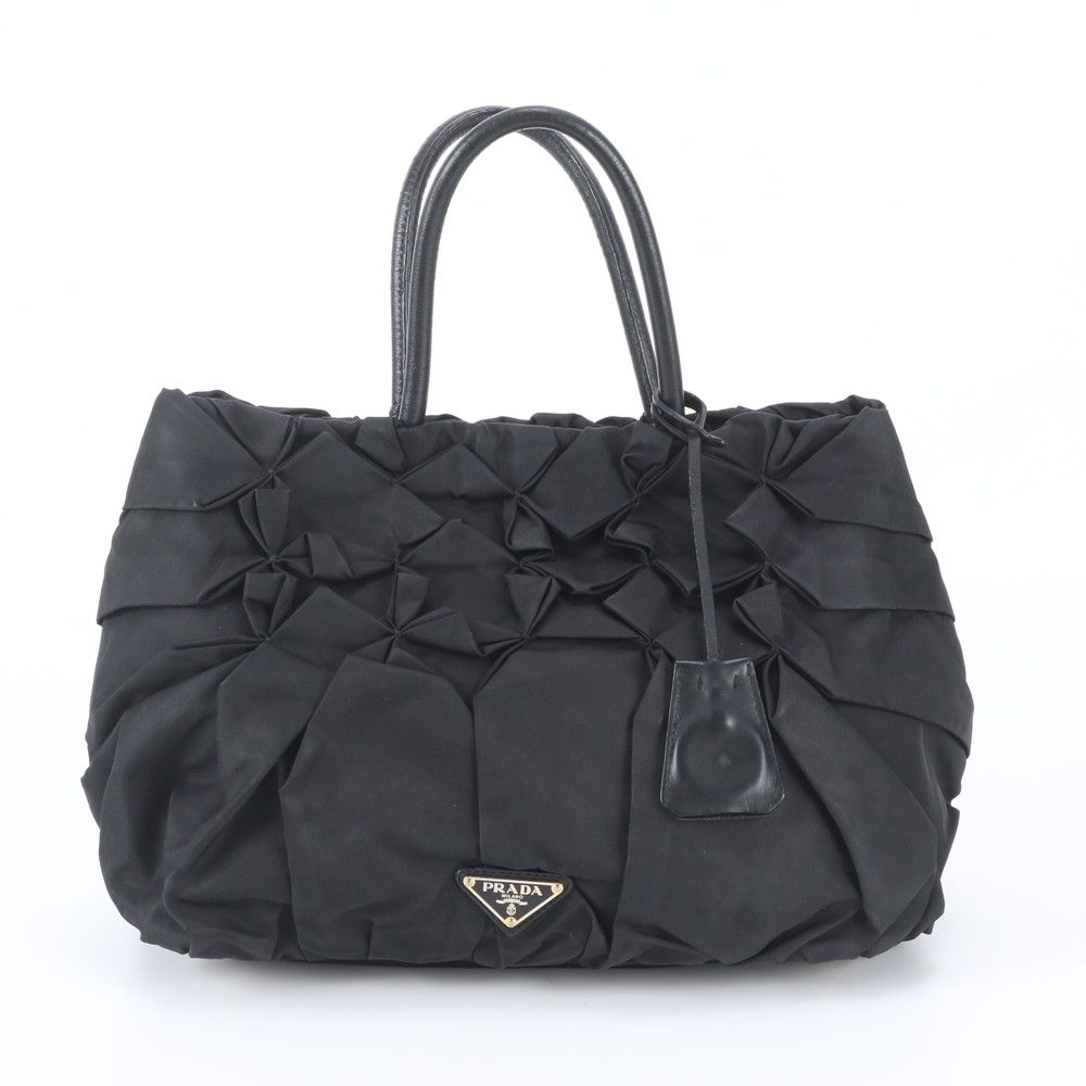 Prada Tessuto Nylon Triangle Logo Leather Tote Bag Shoulder Black