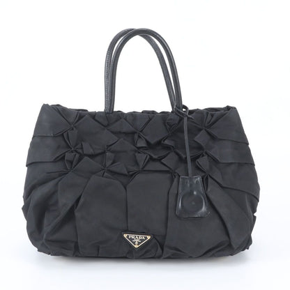 Prada Tessuto Nylon Triangle Logo Leather Tote Bag Shoulder Black