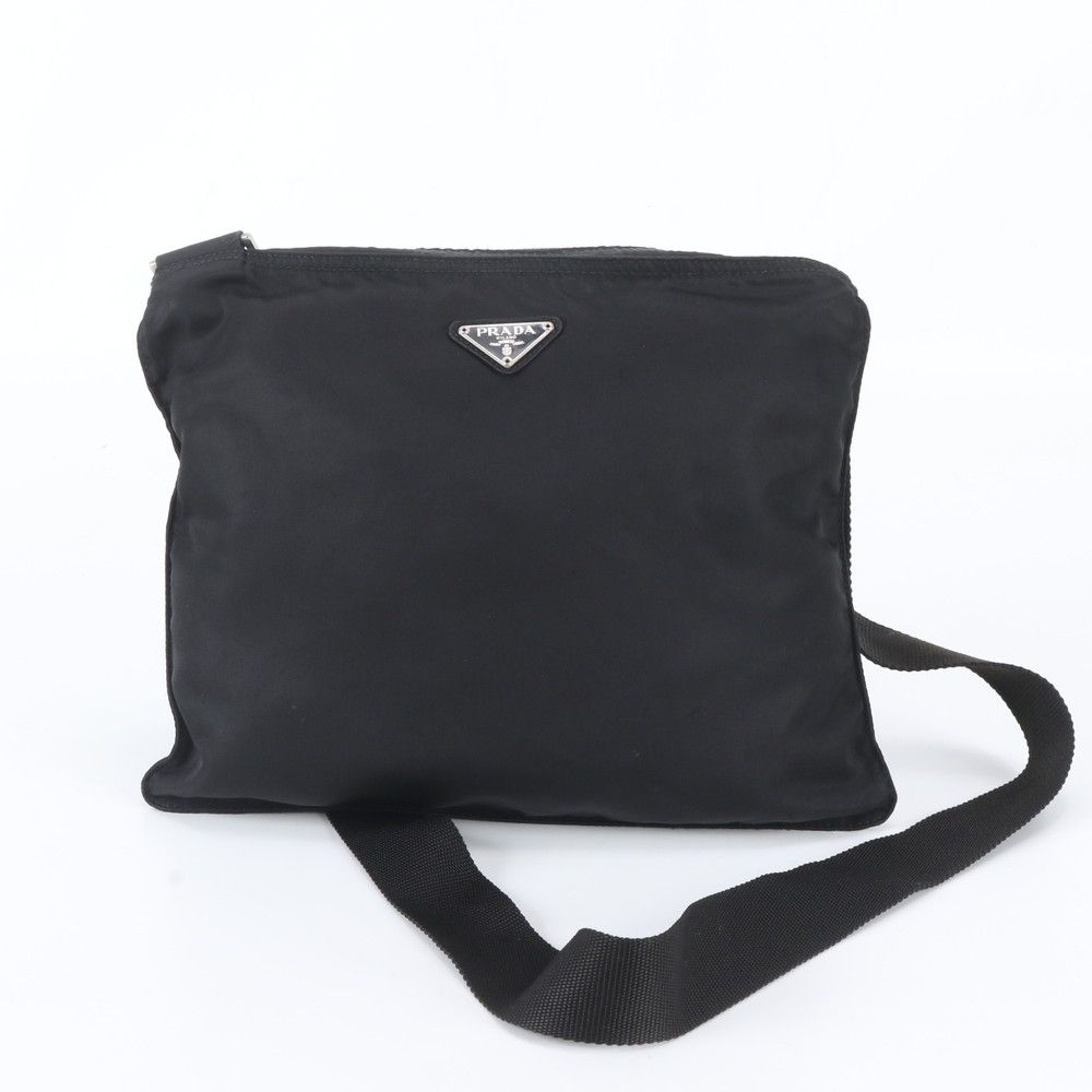 Prada Tessuto Nylon Triangle Logo Leather Shoulder Bag Crossbody Messenger Black
