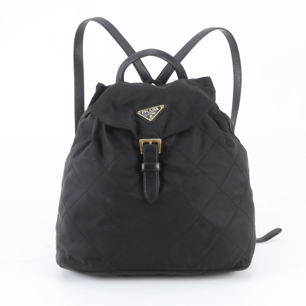 Prada Tessuto Nylon Triangle Logo Leather Backpack Black
