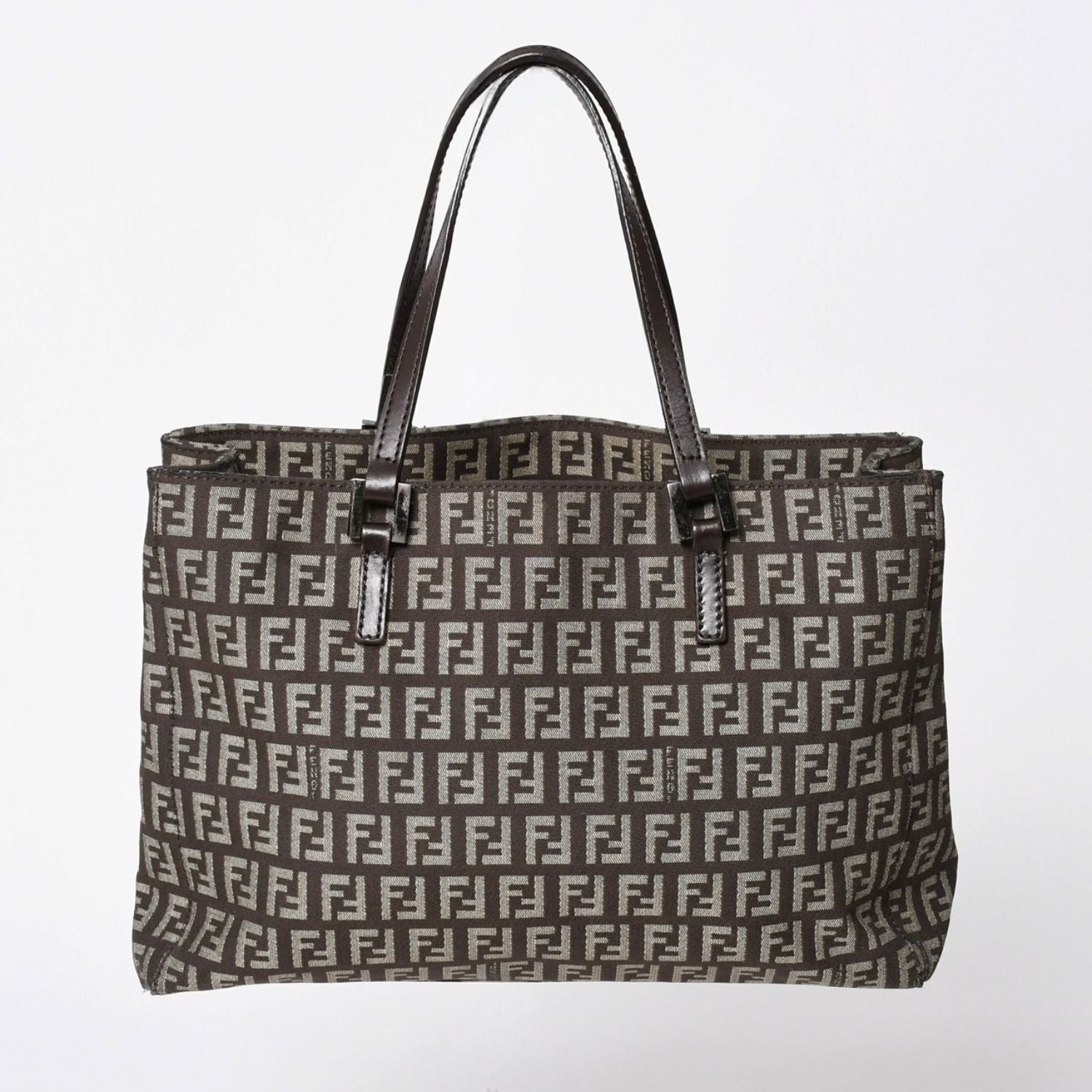 Fendi Zucchino Pattern Handbag Canvas Leather Brown Black Metal