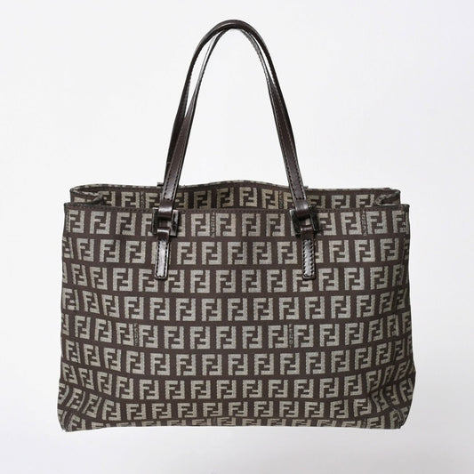 Fendi Zucchino Pattern Handbag Canvas Leather Brown Black Metal