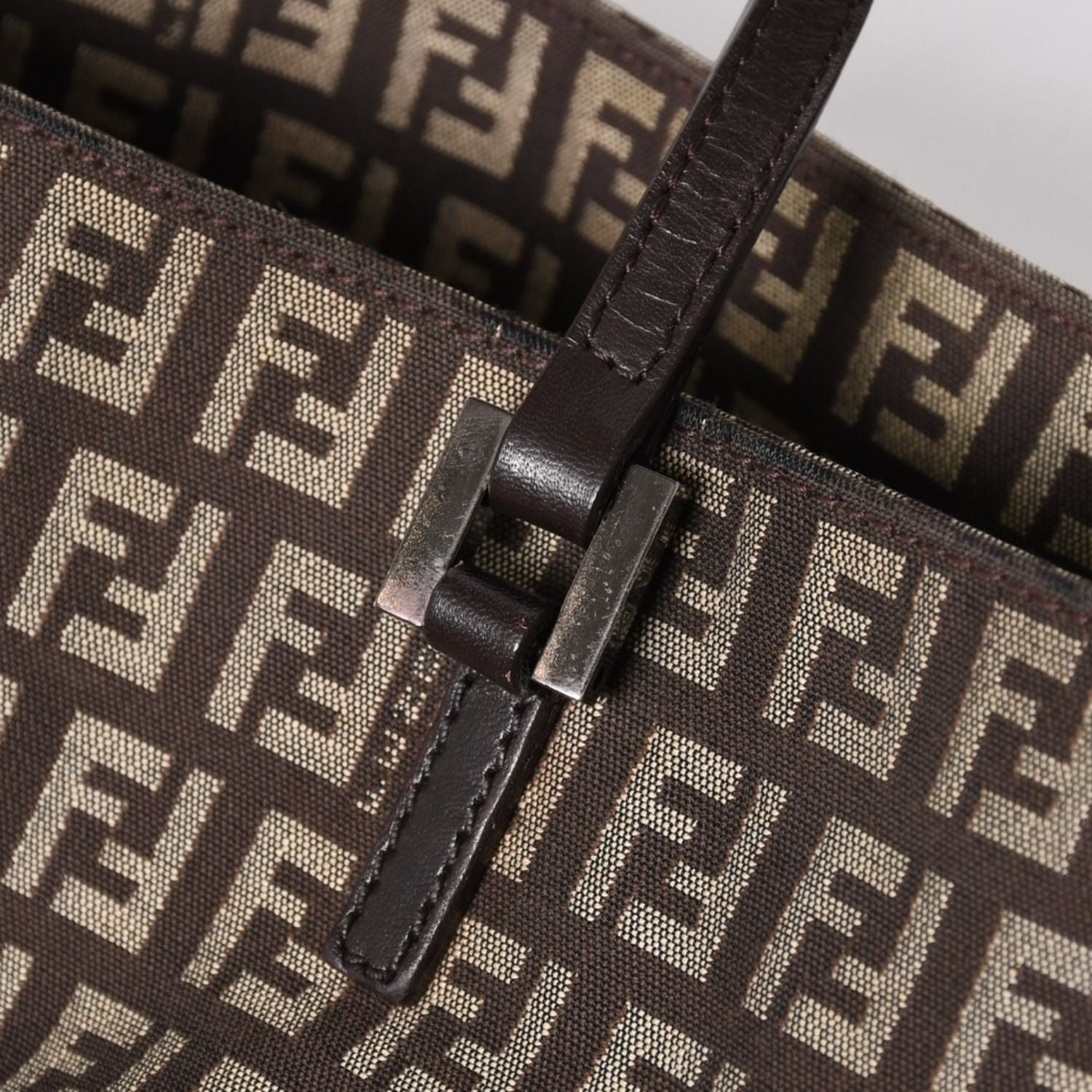 Fendi Zucchino Pattern Handbag Canvas Leather Brown Black Metal — view 7
