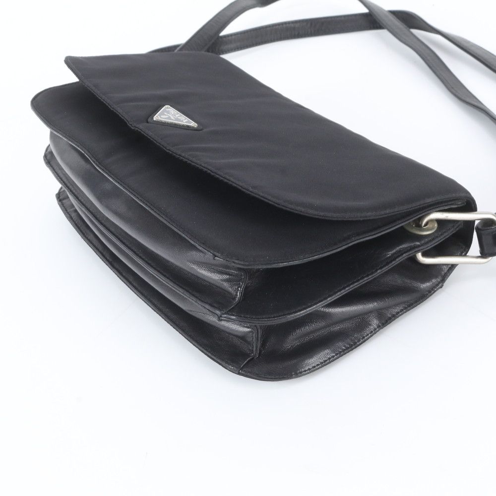 Prada Tessuto Nylon Triangle Logo Leather Shoulder Bag Black — view 6