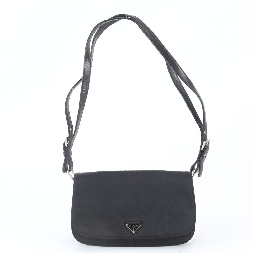 Prada Tessuto Nylon Triangle Logo Leather Shoulder Bag Black