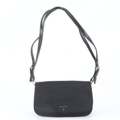 Prada Tessuto Nylon Triangle Logo Leather Shoulder Bag Black