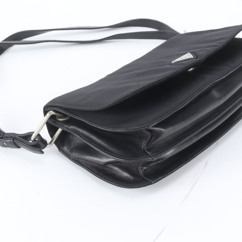 Prada Tessuto Nylon Triangle Logo Leather Shoulder Bag Black — view 4