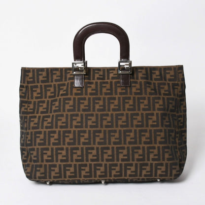 Fendi Tote Bag Zucca Pattern Canvas Leather Brown Silver