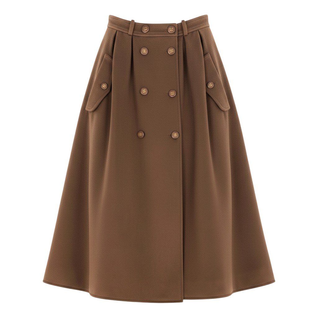 Chanel Store Heavy Melton Pleated Double Skirt CC Logo Button Brown