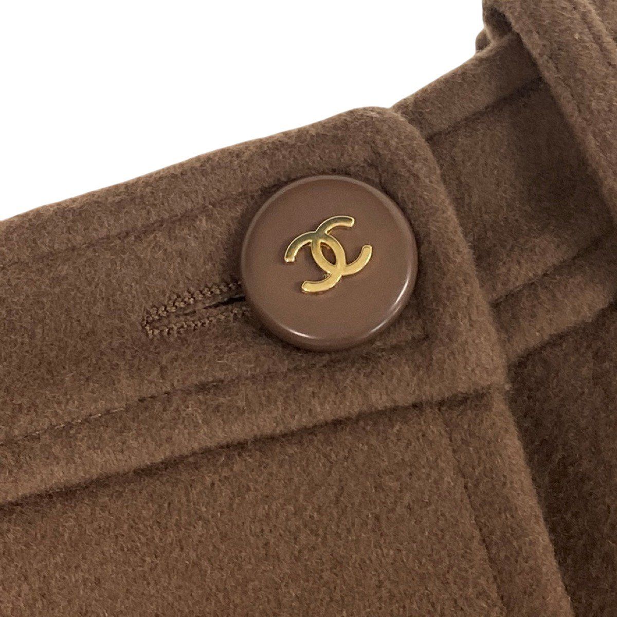 Chanel Store Heavy Melton Pleated Double Skirt CC Logo Button Brown — view 8