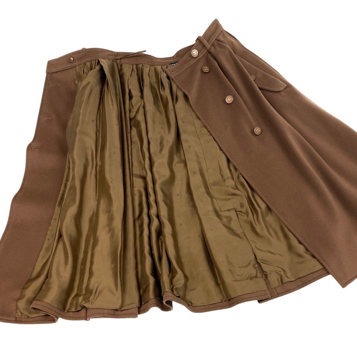 Chanel Store Heavy Melton Pleated Double Skirt CC Logo Button Brown — view 4
