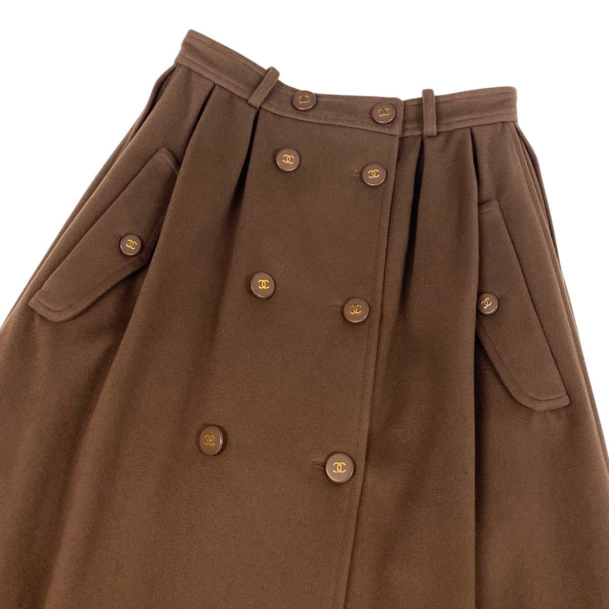 Chanel Store Heavy Melton Pleated Double Skirt CC Logo Button Brown — view 5