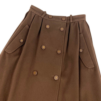 Chanel Store Heavy Melton Pleated Double Skirt CC Logo Button Brown — view 5