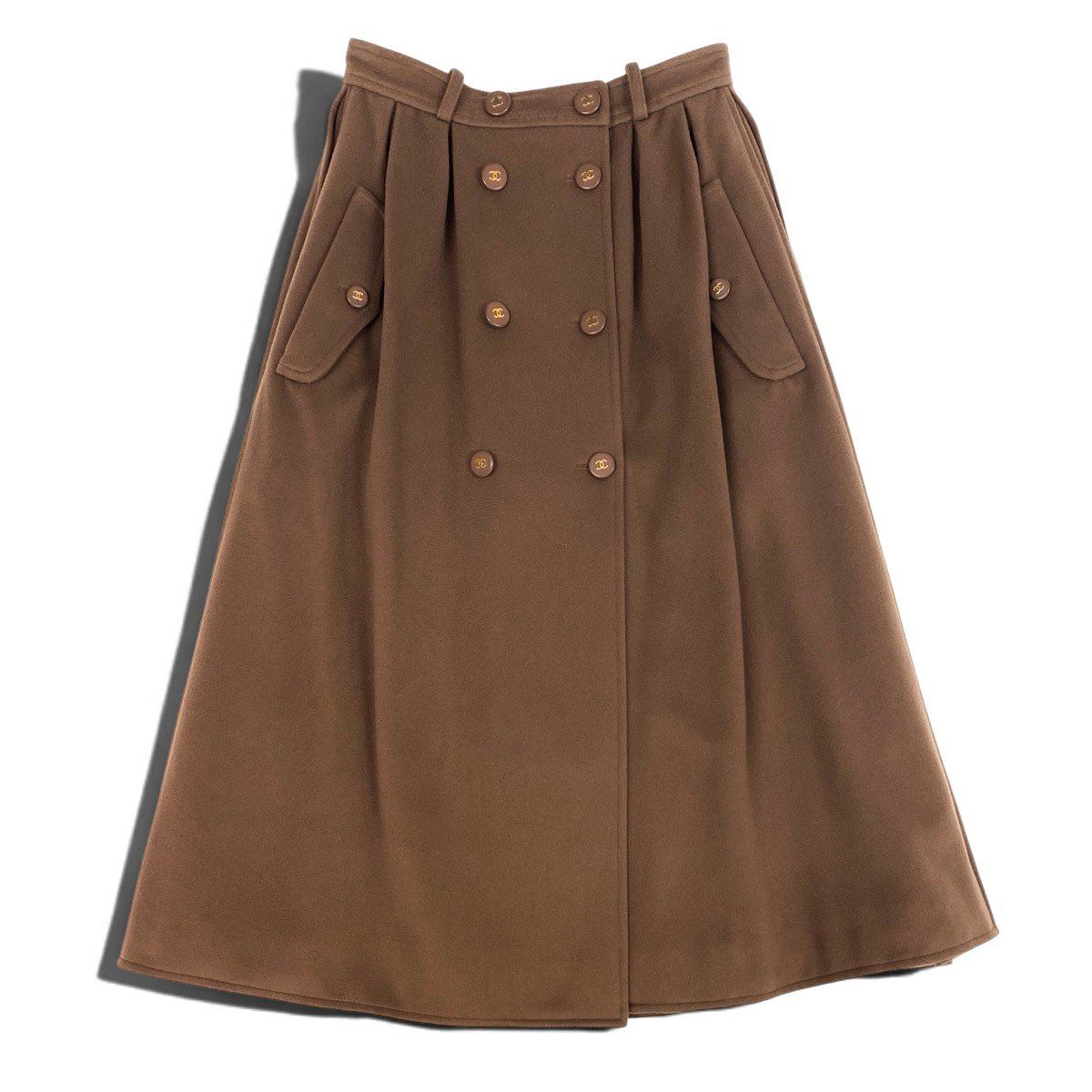Chanel Store Heavy Melton Pleated Double Skirt CC Logo Button Brown — view 2